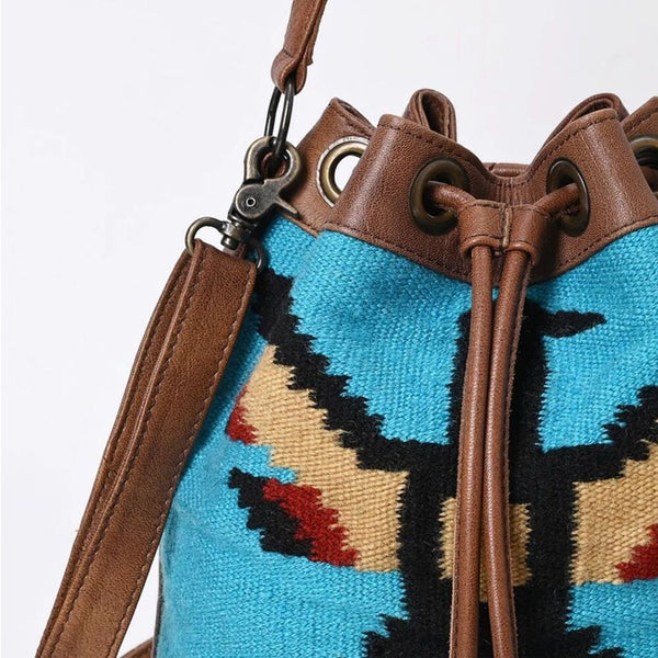 New Western Woven Thunderbird Leather Bucket Handbag