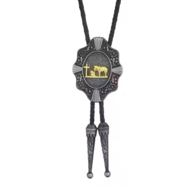 Western Oval Concho Bolo Tie Mens Thank God For Cowboys