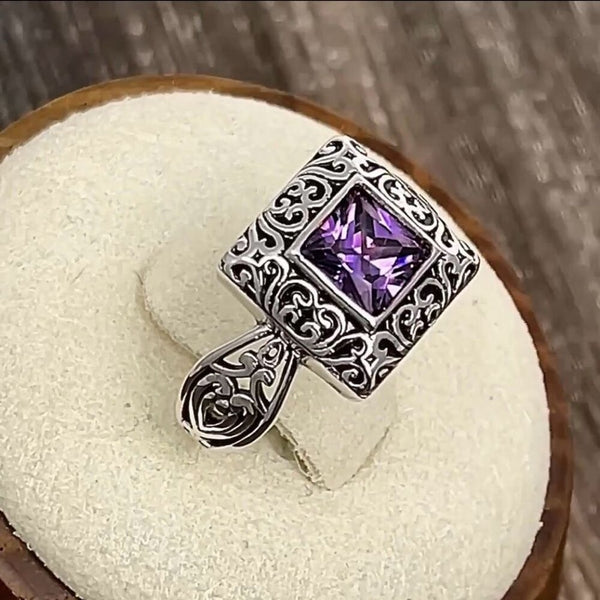 Sterling Silver Ornate Square Cut Amethyst CZ Ring Size 6