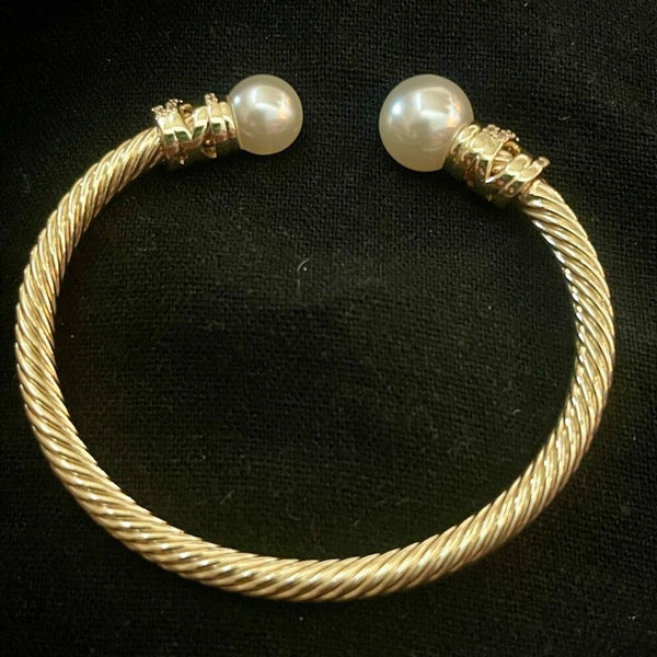Gold Twisted Crystal Rhinestone & Pearl Cable Cuff Bracelet
