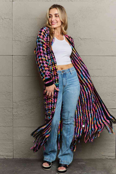Multicolored Open Front Fringe Hem Western Boho Cardigan
