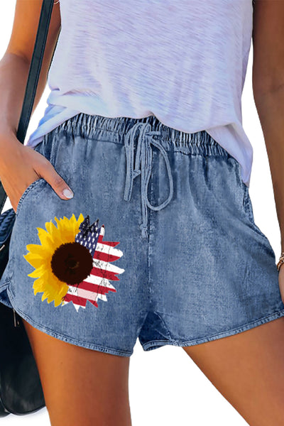Elastic Waist Drawstring Denim Shorts