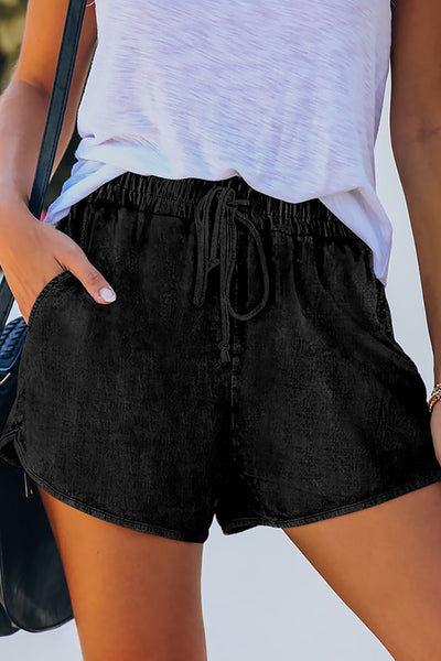Elastic Waist Drawstring Denim Shorts
