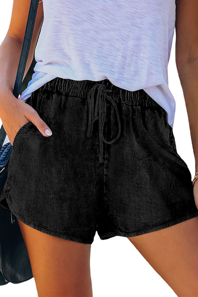 Elastic Waist Drawstring Denim Shorts