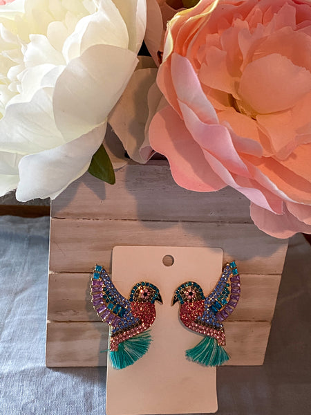 Parrot Teal Crystal Tassel Earrings