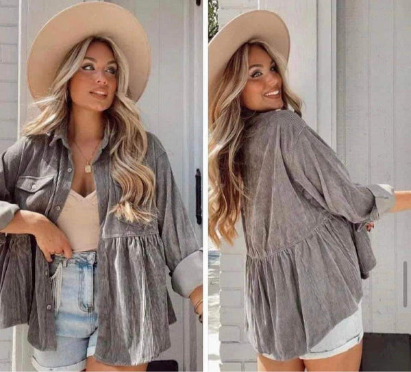 Grey Corduroy Peplum Shirt Jacket