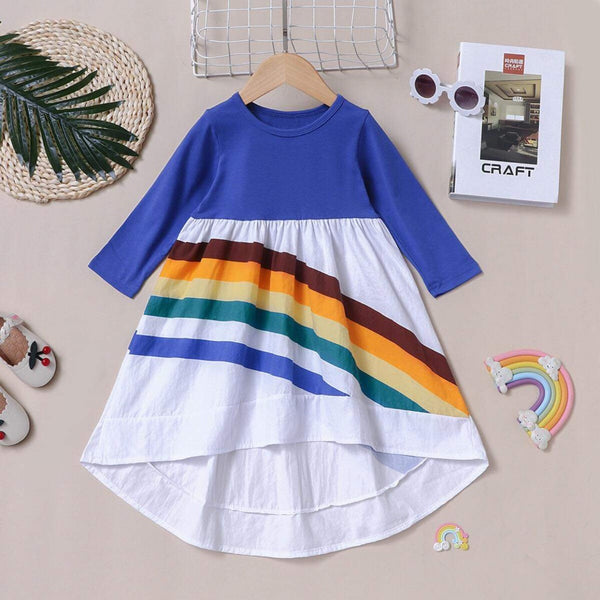 Rainbow Dress Girls High Low Long 3/4 Sleeve Casual Twirl Play Dress New