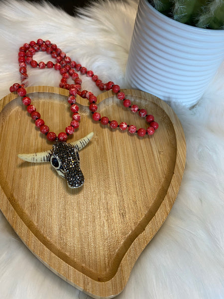 Stone Longhorn Cow Skull 30in Beaded Necklace