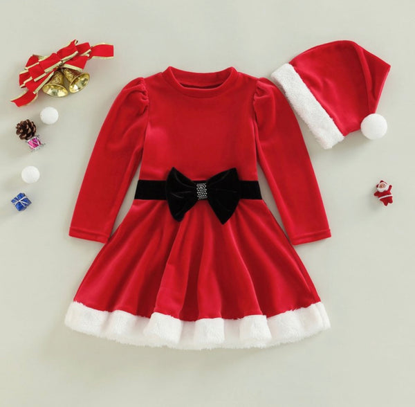 Girls Christmas Santa Long Sleeve Velvet Dress