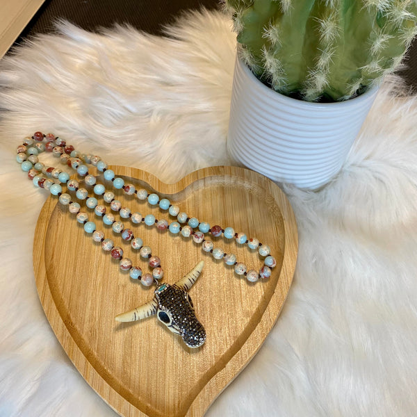 Stone Longhorn Cow Skull 30in Beaded Necklace