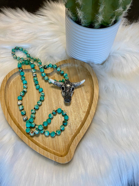 Stone Longhorn Cow Skull 30in Beaded Necklace