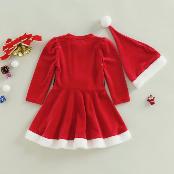 Girls Christmas Santa Long Sleeve Velvet Dress