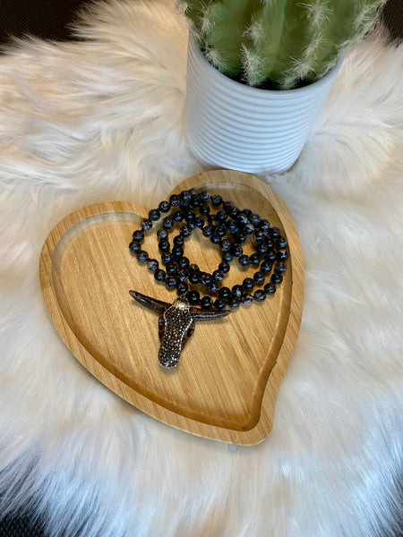 Stone Longhorn Cow Skull 30in Beaded Necklace