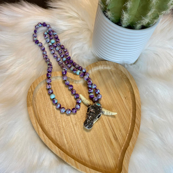 Stone Longhorn Cow Skull 30in Beaded Necklace